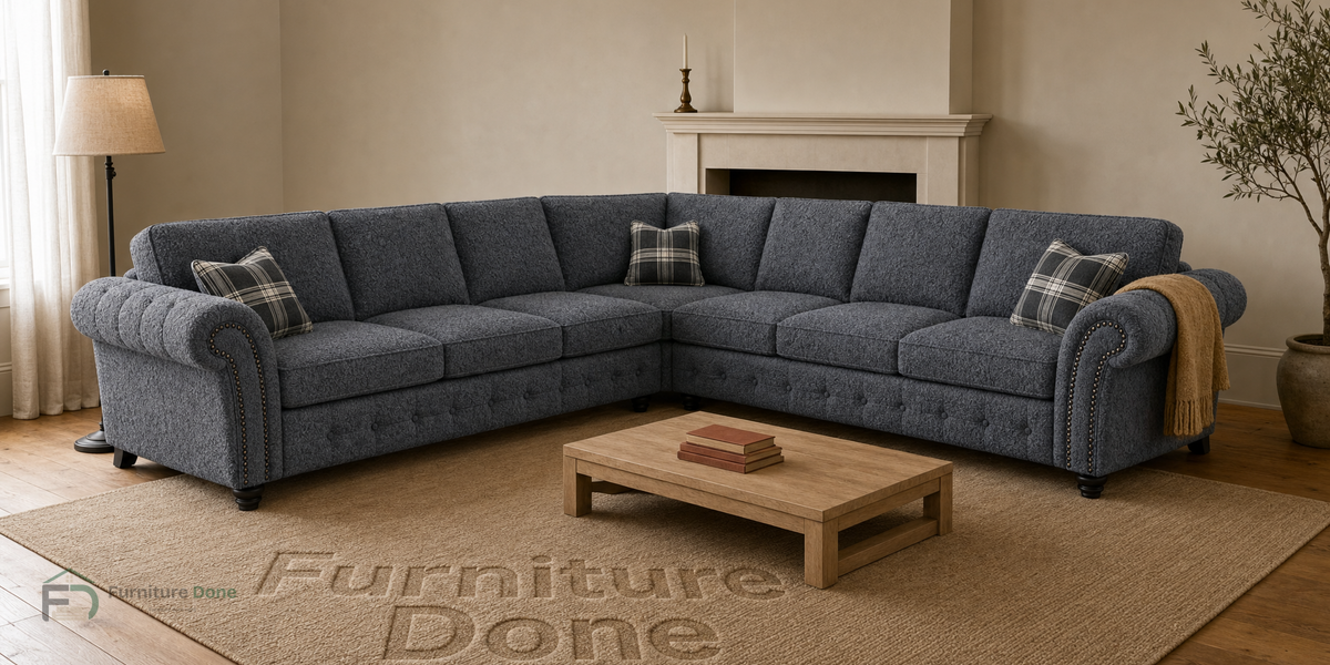 Oakland Large Symmetrical Sofa in Teddy Bouclé Grey — Furniture Done