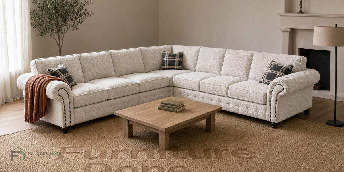 Oakland Large Symmetrical Sofa in Teddy Bouclé White — Furniture Done