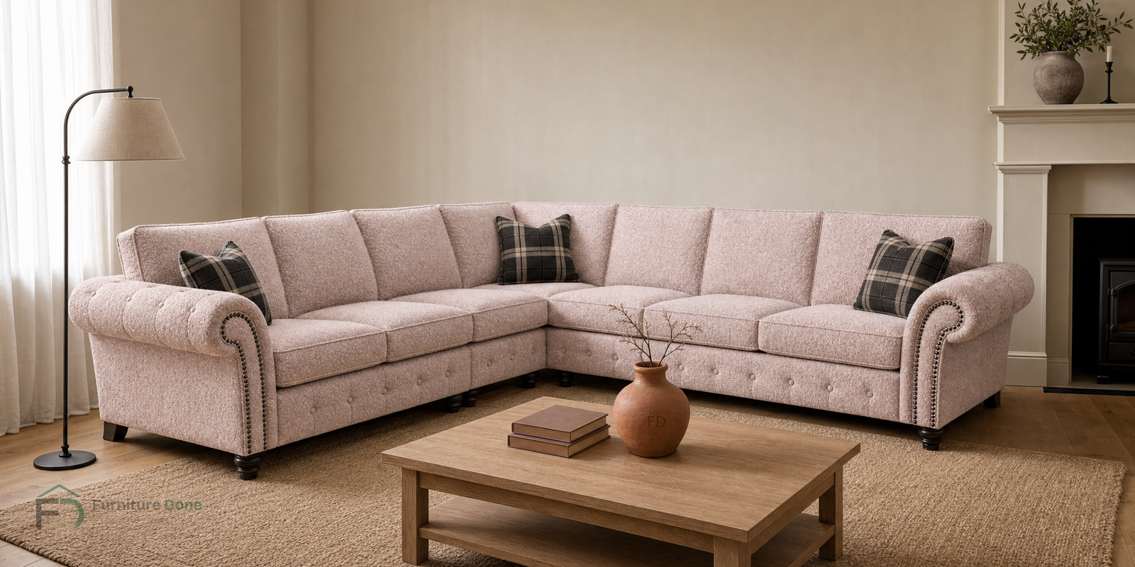 Oakland Large Symmetrical Sofa in Teddy Bouclé Pink — Furniture Done