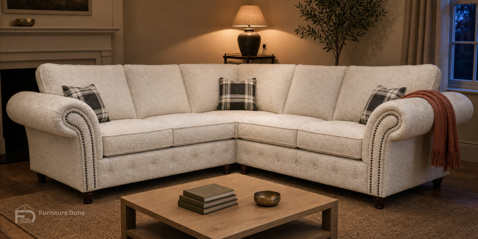 Oakland Symmetrical Sofa in Teddy Bouclé White — Furniture Done