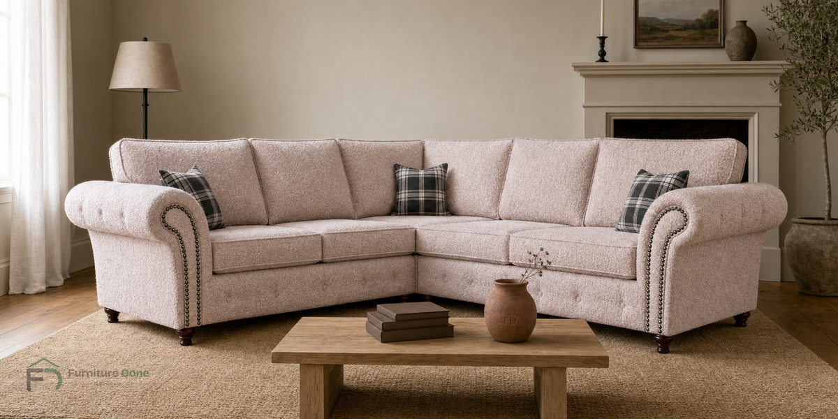 Oakland Symmetrical Sofa in Teddy Bouclé Pink — Furniture Done