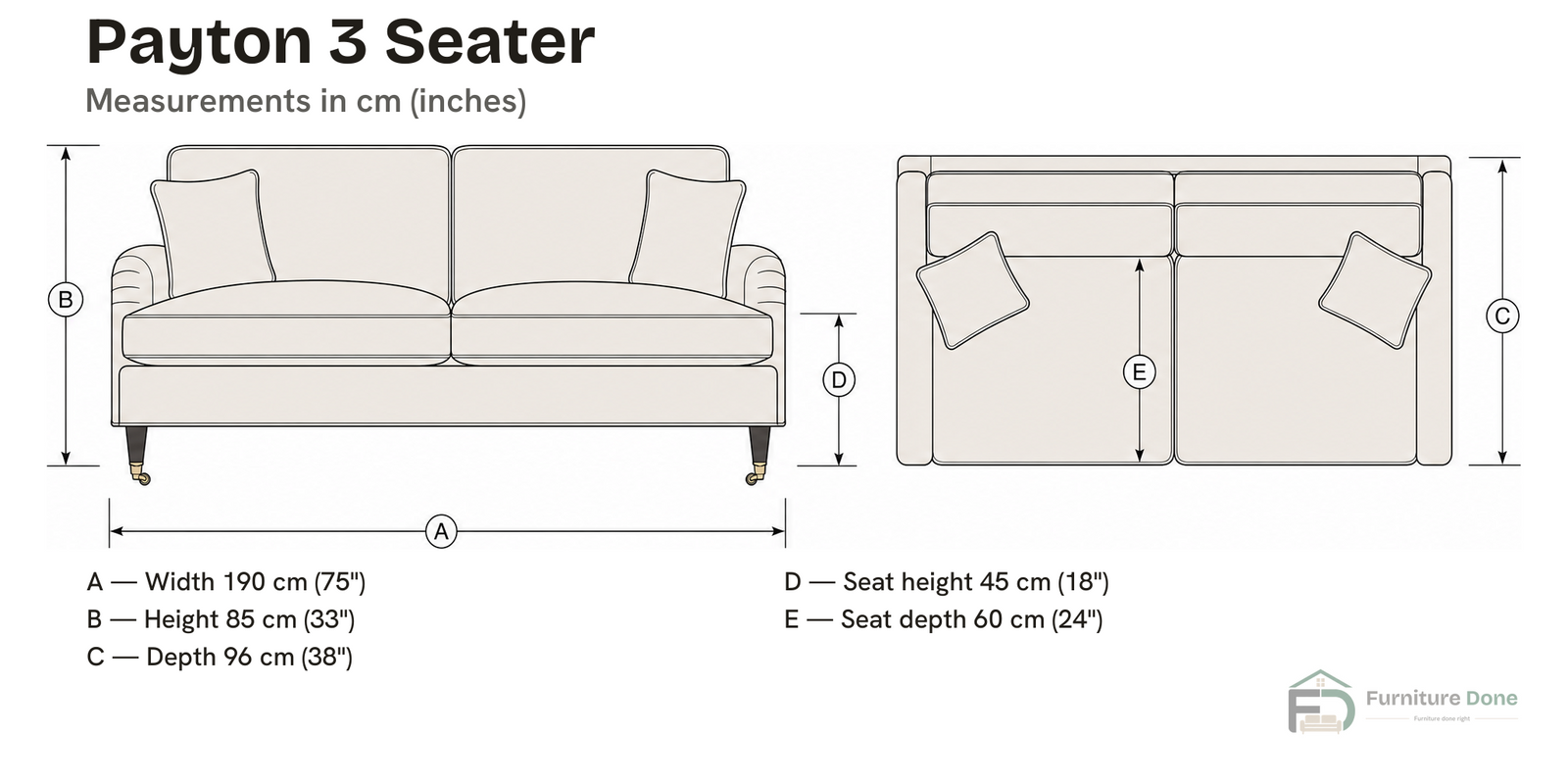 Payton 3 Seater Sofa dimensions — Furniture Done